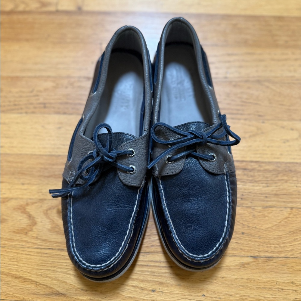 Sperry Blue and Gray Boat Shoes with Moccasin Stitching